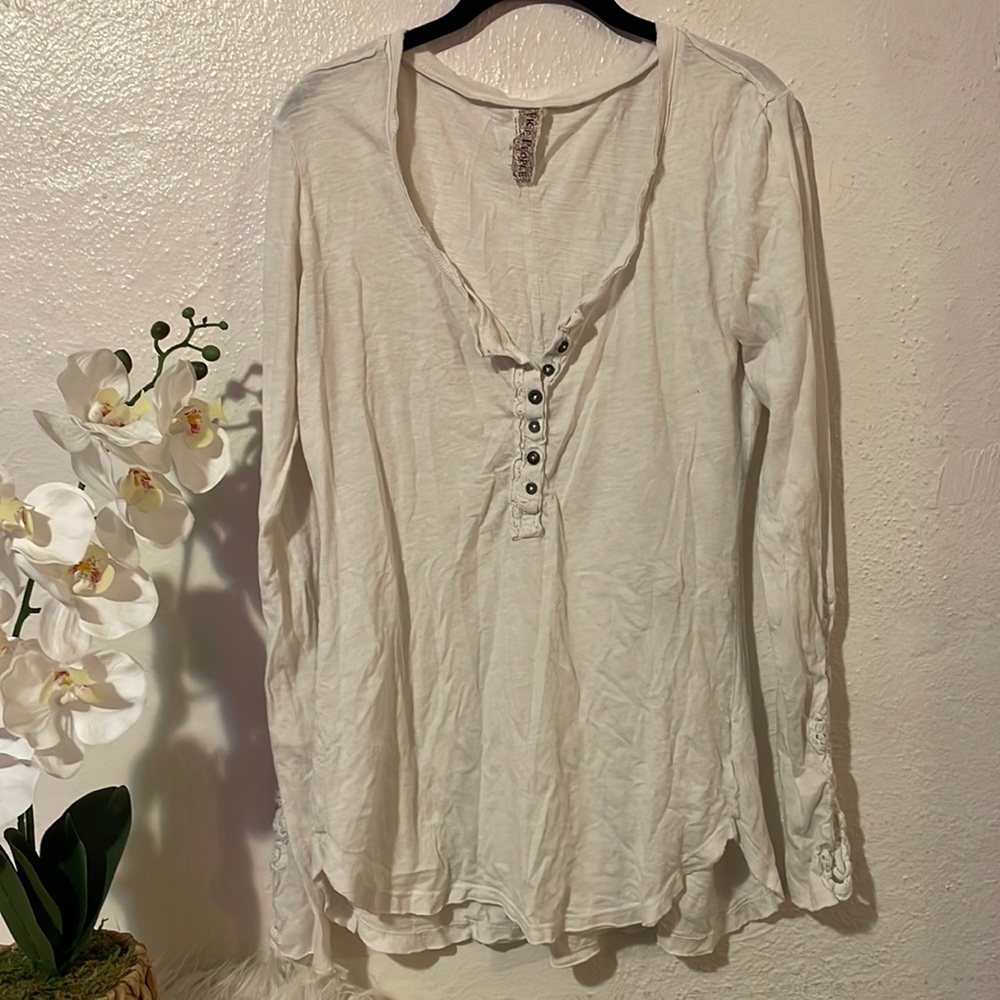 Free People Cream Colored Long Sleeve Shirt V Neck Shirt